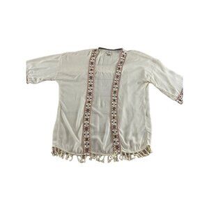 Knox Rose White Open Front Tassled W/Colored Embroidery Kimono - Small